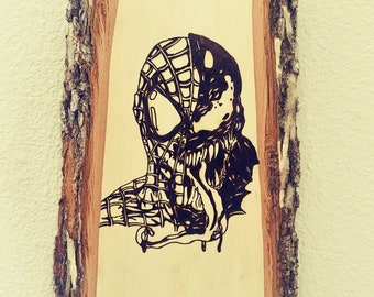 Spider-Man venom hand burned wood art decor