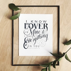 Handskrivet "Min kärlek"-tryck - Höga Visan 2:16 Bibelvers