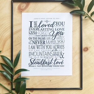 Impresión "La carta de amor de Dios para ti" escrita a mano - Jeremías 31 / Isaías 49 / Hebreos 13 / Mateo 28 / Isaías 54 - 8 x 10 Cristiano