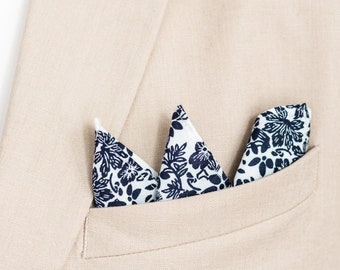 White blue floral pocket square, navy blue handkerchief, groom groomsmen wedding pocket squares, Maris collection