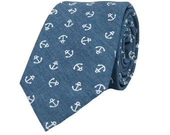 Blue anchors tie for men, nautical cotton skinny ties, wedding necktie for groom groomsmen, beach weddings, gift for him