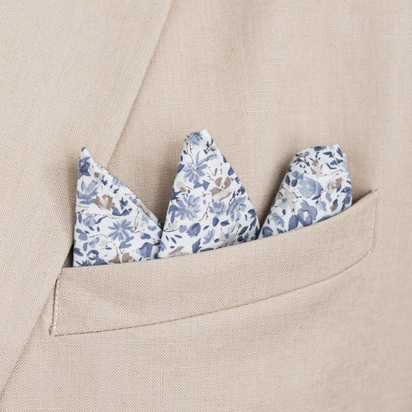 White blue floral pocket square, blue beige handkerchief, groom groomsmen wedding pocket squares, Aria collection