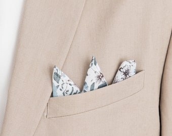 White blue gray pocket square, Floral handkerchief, groom groomsmen wedding pocket squares, Pastel Blue