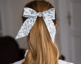 White and blue gray lady hair bow, headband, Women's floral bow tie, ladies scarf, office outfit for women, Pastel Blue