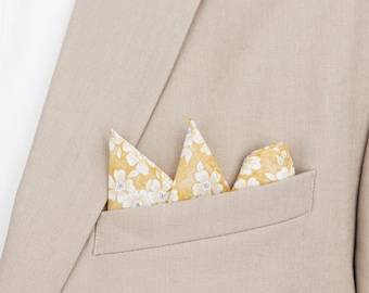 Yellow floral pocket square, sunflower handkerchief, pastel muted groom groomsmen pocket squares, Solana collection