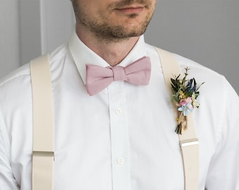 Solid blush pink self-tie bow tie for men, untied cotton bow tie, dusty rose wedding bow ties for groom groomsmen, boho rustic weddings