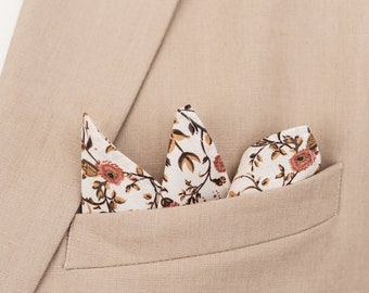 Ivory floral pocket square, orange flowers handkerchief, off white wedding pocket squares for groom groomsmen, Everly collection