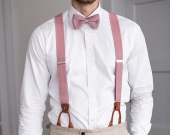 Pink suspenders for men, Brown leather button tab and clip braces, Blush wedding loop suspenders for groom and groomsmen