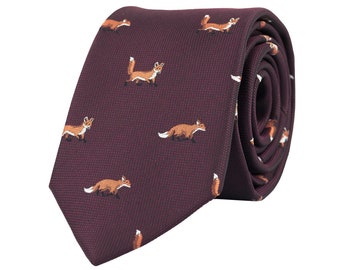 Burgundy red fox tie, foxes necktie, forest animal tie, nature lover gift, embroidered neckties for men, wedding ties