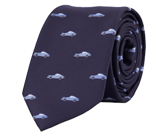 Navy blue cars tie, car design necktie, racer tie, sports fan gift, embroidered neckties for men