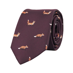 Burgundy red fox tie, foxes necktie, forest animal tie, nature lover gift, embroidered neckties for men, wedding ties