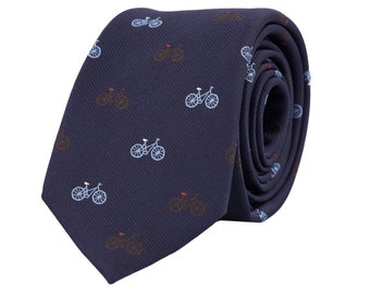 Navy blue bikes tie, bicycle design necktie, cycling tie, sports fan gift, embroidered cyclist neckties for men