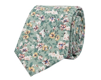 Sage Garden necktie, Green floral tie for men, wedding necktie for groom groomsmen, cotton ties, spring forest weddings, gift for him