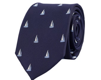 Cravatta per yacht blu navy, vedi cravatta da barca, cravatta nautica da marinaio oceanico, regalo per appassionati di sport, cravatte ricamate per uomo