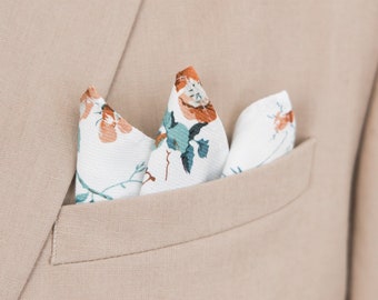 White brown pocket square, Floral handkerchief, groom groomsmen wedding pocket squares, Caramel Bloom