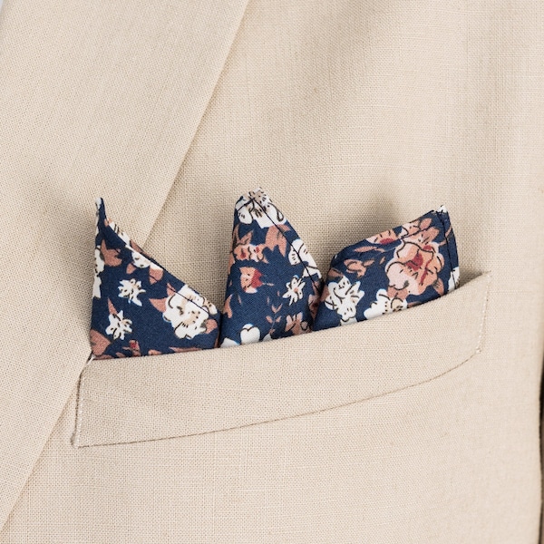 Navy blue floral pocket square with ivory, pink, brown, red flowers pattern, dark blue handkerchief for groom groomsmen, Lisa collection