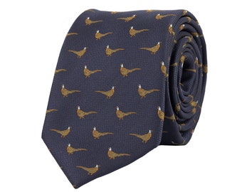 Navy blue pheasant tie, forest animal bird necktie, hunter ties, pheasants embroidered neckties, gift for men