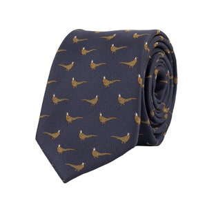 Navy blue pheasant tie, forest animal bird necktie, hunter ties, pheasants embroidered neckties, gift for men