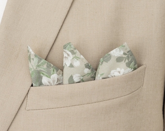 Pañuelo de bolsillo de peonías verde salvia, pañuelo de flores, pañuelos de bolsillo florales de boda para padrinos de boda, colección Rima