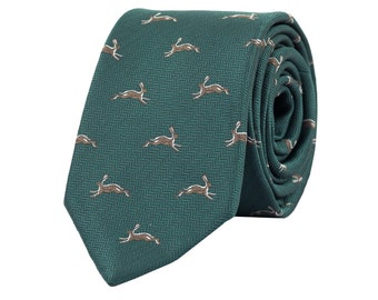 Green rabbit tie, forest animal necktie, hunter ties, hare embroidered neckties, gift for men