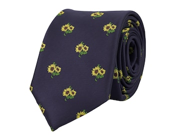 Marineblaue Sonnenblumen Krawatte, Blumenkrawatte, gelbe Blumenkrawatte, Hochzeitskrawatte für Bräutigamsmänner, bestickte Halsketten für Männer