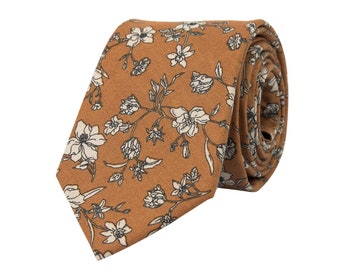 Brown floral tie for men, wedding necktie for groom groomsmen, flower cotton ties, boho weddings, gift for him, Kioni collection