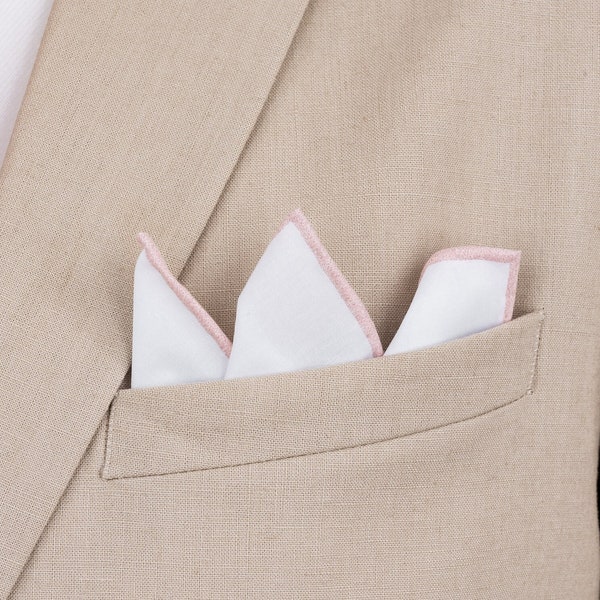 White cotton pocket square with blush pink hand rolled edge for groom and groomsmen | Wedding handkerchief with color hem, border
