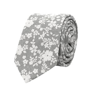 Gray floral tie for men, wedding linen necktie for groom groomsmen, monochrome cotton ties, boho weddings, gift for him, Bruni