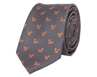 Gray squirrel tie, orange squirrels necktie, forest animal embroidered neckties, animals lover gift, gifts for men