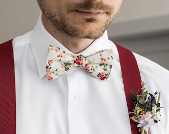 Ivory rose floral self-tie bow tie for men, cream white untied cotton bow tie, wedding bow ties for groom groomsmen, boho style, Rosamel