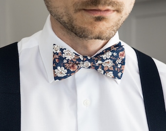 Navy blue self-tie cotton bow tie, floral bow ties with pink, brown, ivory flower pattern for groom groomsmen, Lisa collection