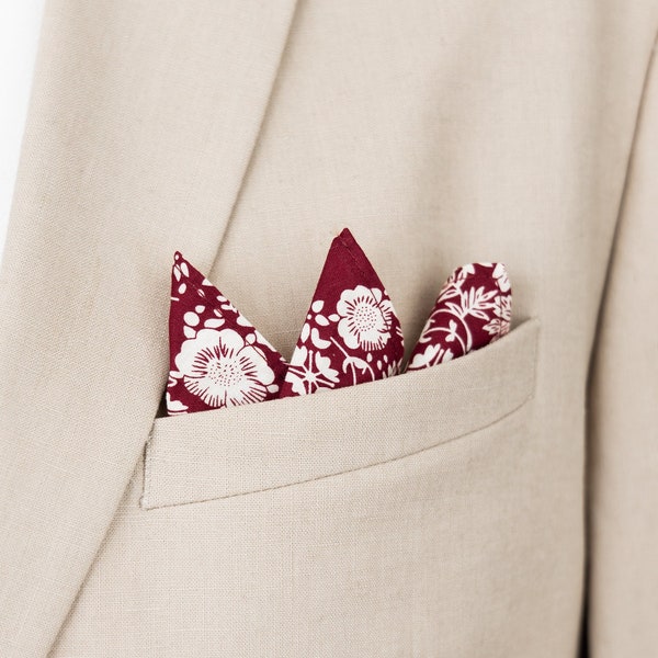 Red burgundy floral pocket square for men, dark red wedding handkerchief for suit or jacket, groom and groomsmen outfit, Ruby collection