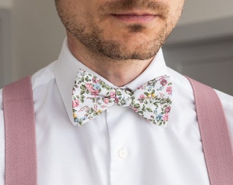 White pink floral self-tie bow tie for men, untied cotton bow tie, pink blue yellow green bow ties for groom groomsmen, Emma collection