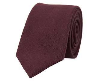 Burgundy necktie, wine red groomsmen cotton tie, merlot wedding solid necktie for groom, slim necktie, natural weddings, deep red necktie