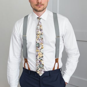 Light gray suspenders for men, button and clip suspenders, adjustable elastic leather loop wedding suspenders for groom groomsmen image 1