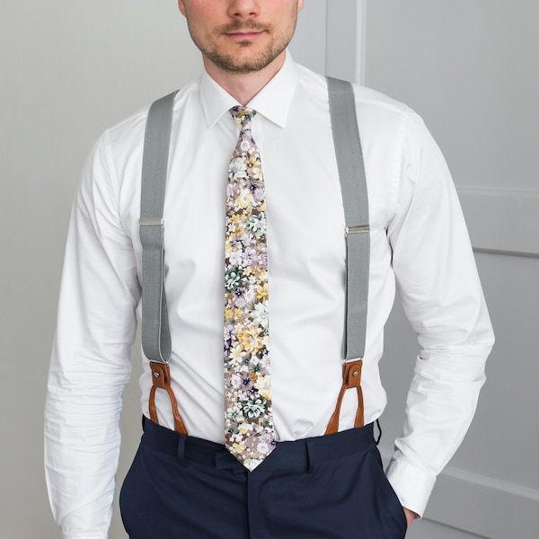 Light gray suspenders for men, button and clip suspenders, adjustable elastic leather loop wedding suspenders for groom groomsmen