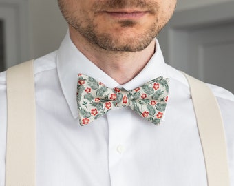 Ivory hibiscus and palm leaves self-tie bow tie, tropical theme wedding untied bow ties for groomsmen and groom, Altea collection