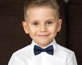 Navy blue satin kids bow tie, formal event boys bow ties, Ring bearer wedding outfit, Baby toddler sateen bow tie, Marine collection