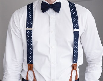 Navy blue with white dots suspenders for men, Brown button suspenders, Wedding suspenders for groom groomsmen, loop clip suspenders