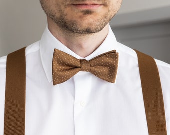 Brown dots self-tie bow tie, Polka dot untied bow ties, tan brown dotted wedding bow tie for groomsmen and groom