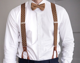 Brown suspenders with white dots for men, Tan brown button suspenders, Wedding suspenders for groom groomsmen, loop clip suspenders