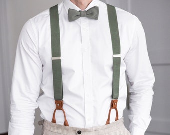 Sage green suspenders, leather button suspenders, clip braces, Wedding suspenders for groom and groomsmen, Hawaii wedding