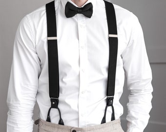 Black suspenders for men, black leather button tab and clip braces, formal wedding groomsmen suspenders, Elastic button ends suspender