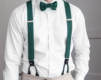 Green suspenders with black leather button loops, men's clip braces, dark wedding suspenders for groom and groomsmen