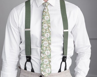 Sage green suspenders, black leather button suspenders, clip braces, Rustic boho wedding suspenders for groom and groomsmen