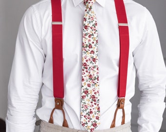 Red suspenders for men, Brown leather button tab and clip braces, Wedding suspenders for groom and groomsmen