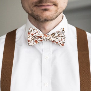 Ivory floral self-tie bow tie for men, orange flower untied cotton tie, off white cream wedding bow ties groom groomsmen, Everly collection