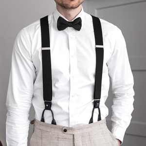 Schwarze Hosenträger für Männer, schwarze Lederknopfleiste und Clip-Hosenträger, formelle Hochzeit Groomsmen Hosenträger, elastische Knopfenden Hosenträger Bild 1