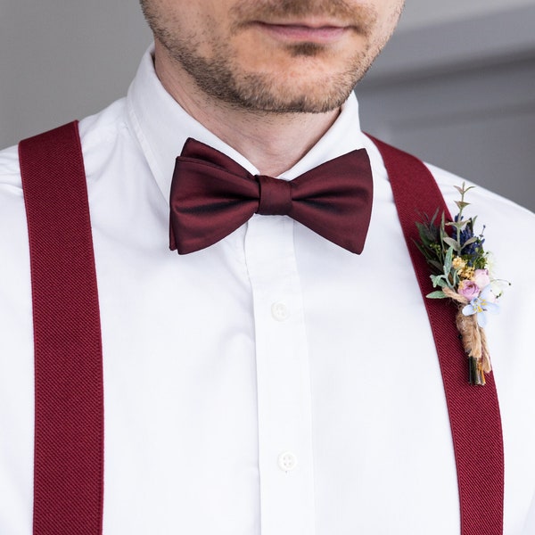 Dark red satin self-tie bow tie, Merlot untied wedding bow ties for groomsmen and groom, Burgundy sateen bow tie
