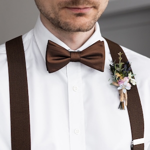 Brown satin self-tie bow tie, untied wedding bow ties for groomsmen and groom, elegant shiny sateen bow tie, Mocha collection zdjęcie 1